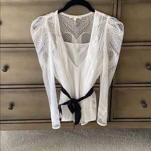NWOT Maje white lace blouse with black details